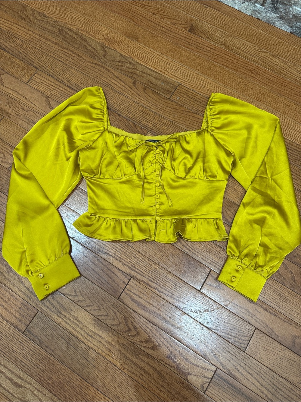 Forever 21 Yellow Satin Cropped Peplum Lace-Up Puff Sleeve Top